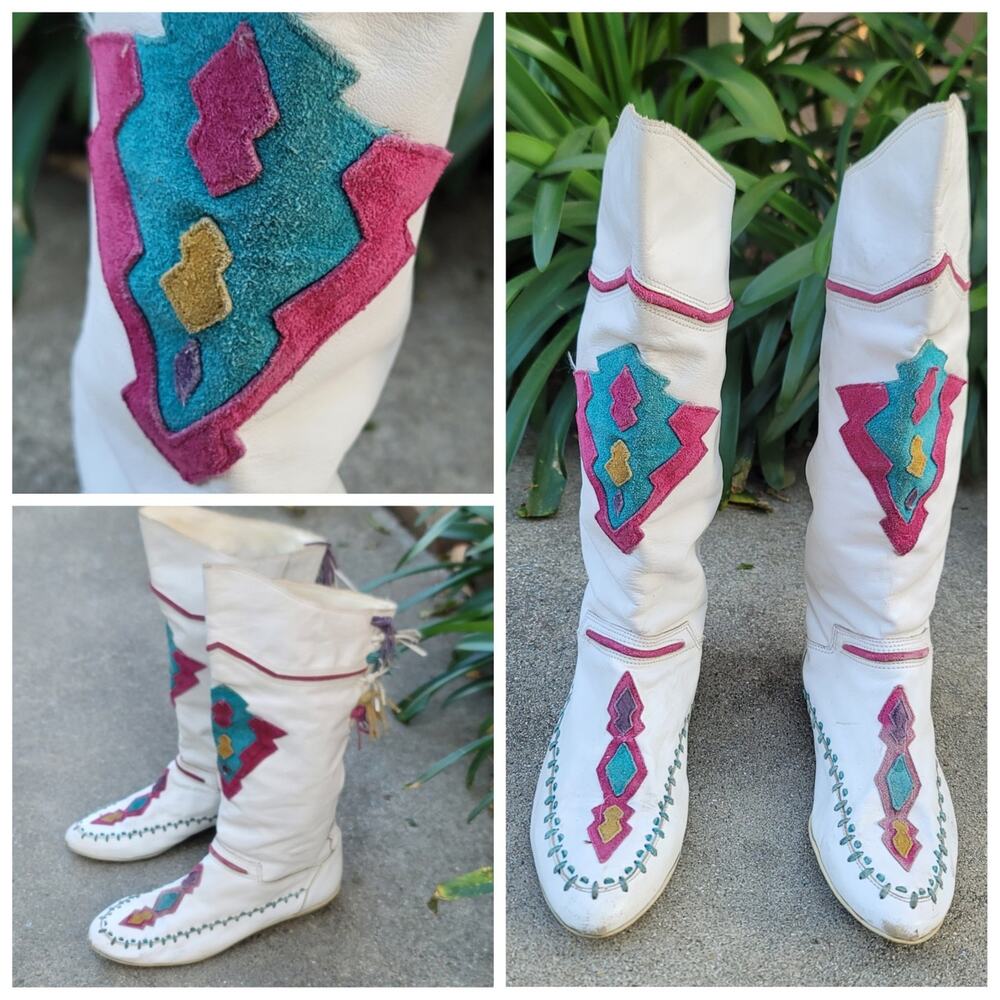 Vtg LJ Simone Leather Suede Native Southwestern Moccasin Boots